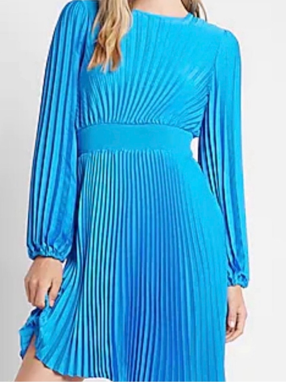 Express Vibrant Blue Pleated Long-Sleeve Dress